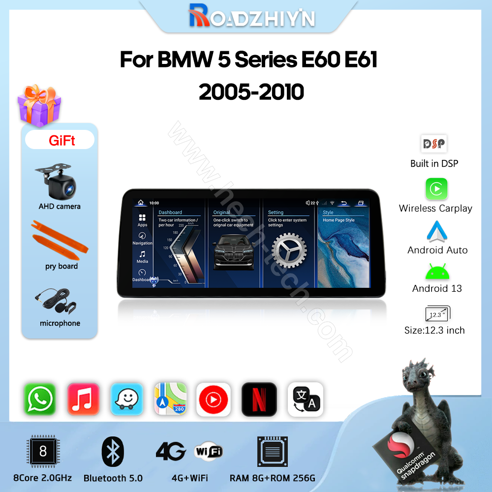 12.3inch Car multimedia video player For BMW 5 Series E60 E61 2005-2010 GPS navigation CCC CIC Android13 Carplay 4G WiFi 360camera - Image 2