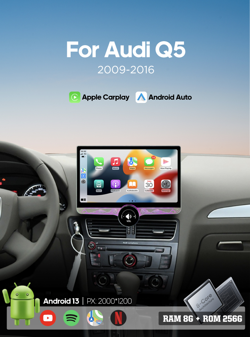 12.0 Inch Android13 For Audi Q5 2009-2016 Car Multimedia Player GPS Navigation Radio 8Core 8+256G Carplay Auto 4G wifi 360camera