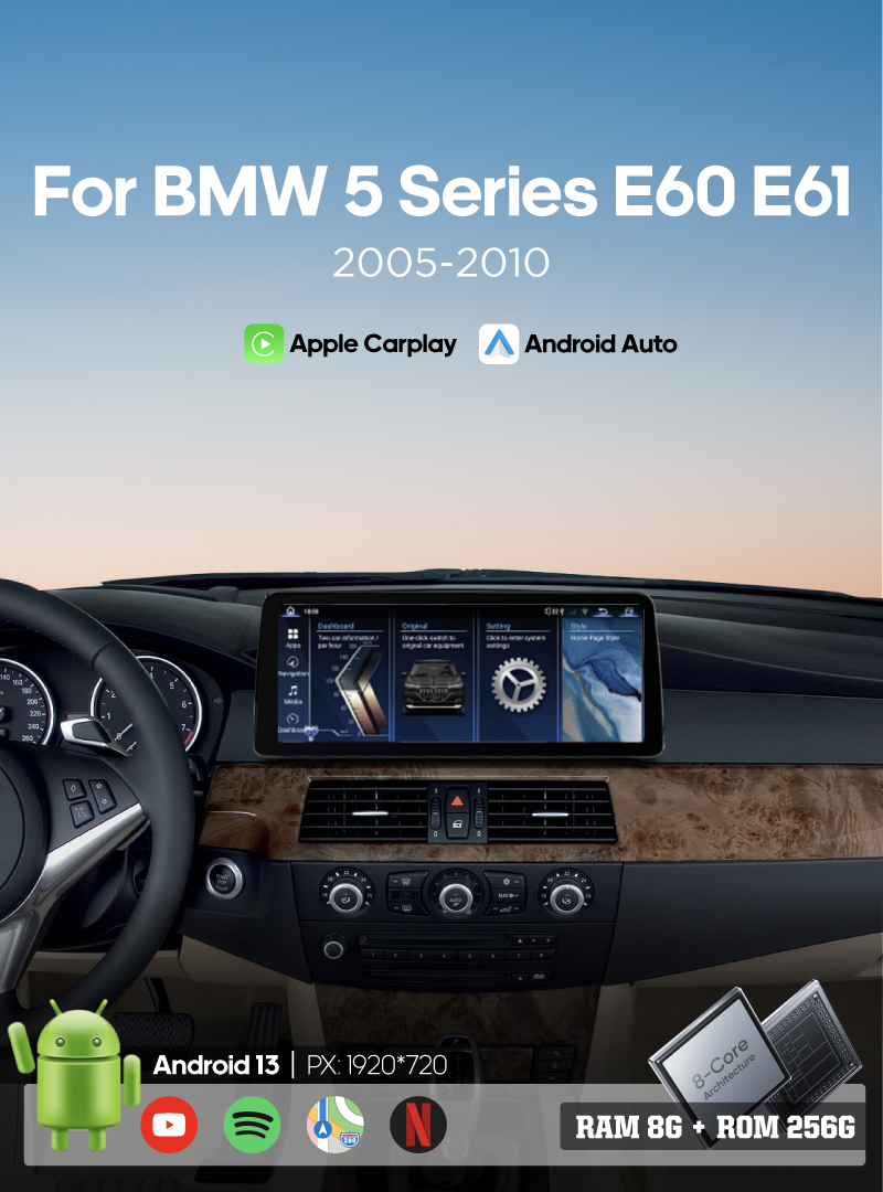 12.3inch Car multimedia video player For BMW 5 Series E60 E61 2005-2010 GPS navigation CCC CIC Android13 Carplay 4G WiFi 360camera