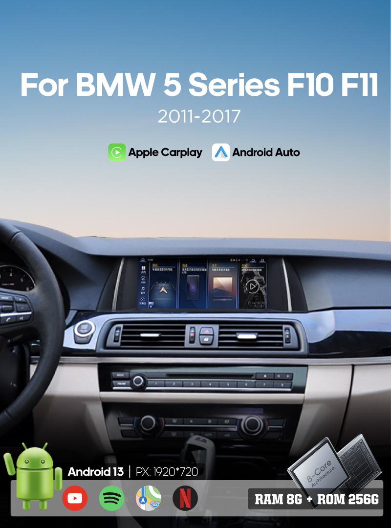 10.25 inch Car multimedia video player For BMW 5 Series F10 F11 2011-2017 GPS navigation CCC CIC Android13 Carplay Auto4G WiFi 360camera