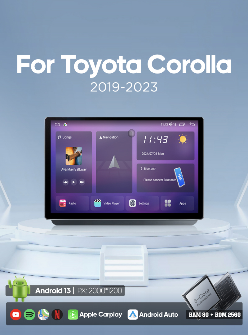 13.3 " QLED Android13 Car Multimedia Video Player For Toyota Corolla 2019-2023 GPS Navigation Radio Carplay 4G wifi 360Camera