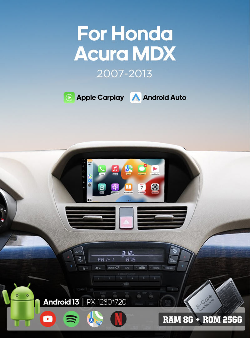 9.0inch Car Radio Multimedia Player For Honda Acura MDX 2007-2013 GPS Navigation Android 13 Stereo 8+256G Carplay 360Camera 4G