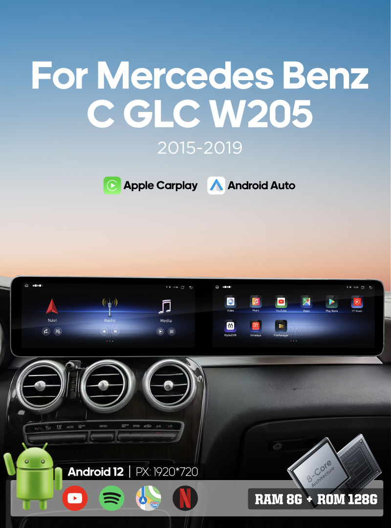 12.3inch Android12 Car Multimedia Video Player For Mercedes Benz C GLC W205 2015-2019 GPS Navigation CarPlay 4G 360Camera wifi