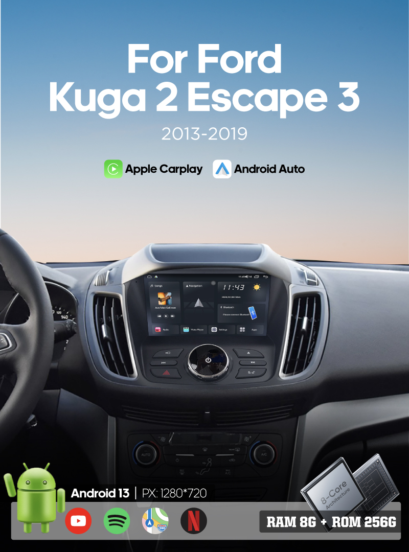 9.0 " For Ford Kuga 2 Escape 3 2013-2019 Car multimedia video player GPS navigation radio Android13 Carplay 4G wifi No 2 din dvd